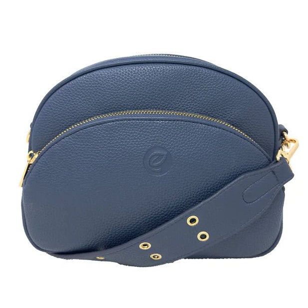 Blue handbag with gold accents on a white background - okotoks hc pharmacy