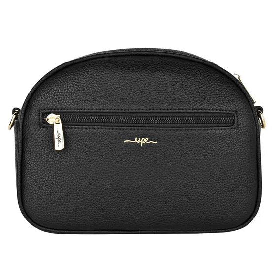 back of Black handbag with gold zipper on a white background - okotoks hc pharmacy