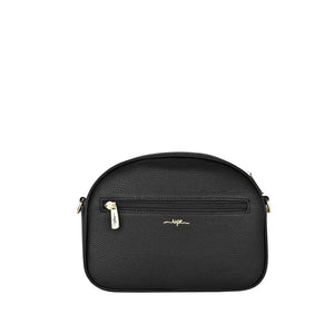 back of Black handbag with gold zipper on a white background - okotoks hc pharmacy