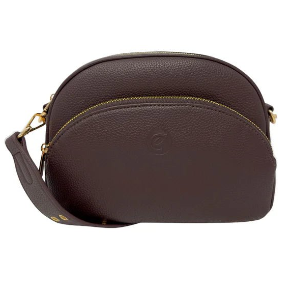 Brown leather handbag with gold zipper on a white background - okotoks hc pharmacy