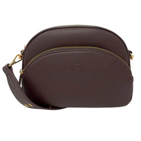 Brown leather handbag with gold zipper on a white background - okotoks hc pharmacy