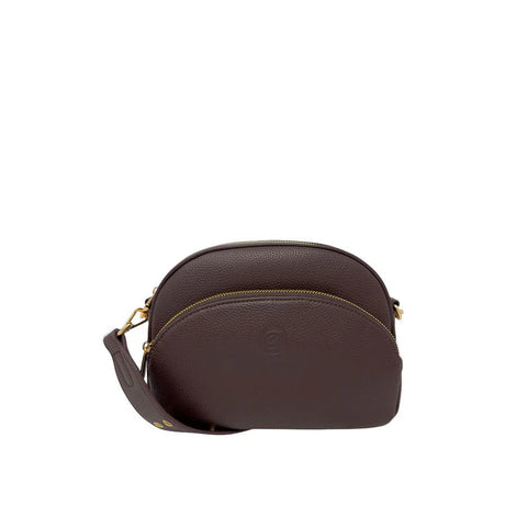 Brown leather handbag with gold zipper on a white background - okotoks hc pharmacy