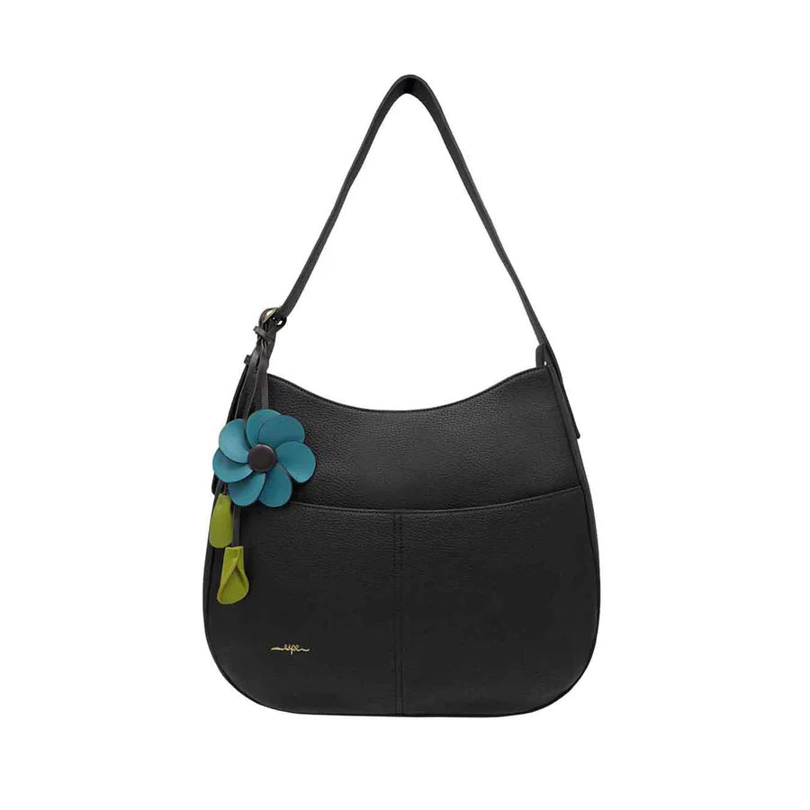 Black handbag with a blue flower accessory on a white background - okotoks hc pharmacy