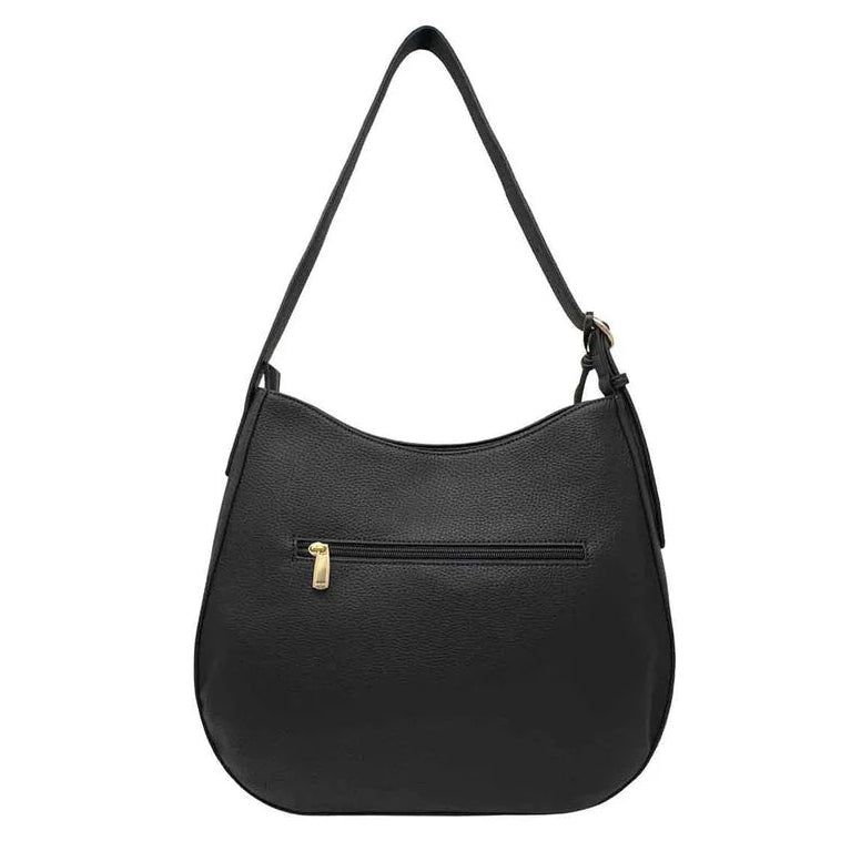 Black shoulder bag with a gold zipper on a white background - okotoks hc pharmacy