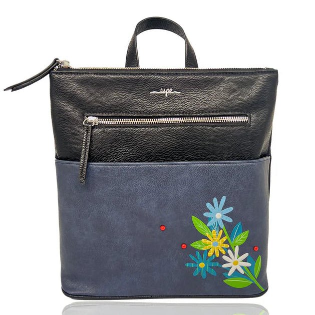 Black and blue backpack with floral embroidery on a white background - okotoks hc pharmacy
