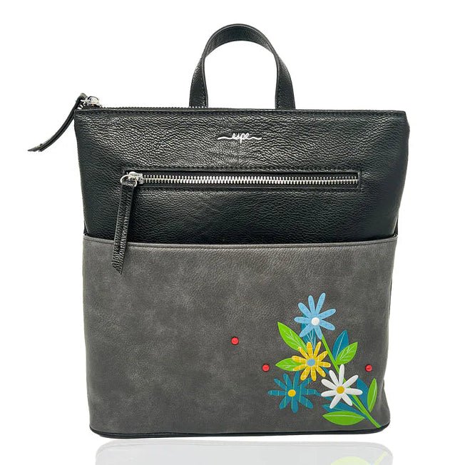 Black and gray backpack with floral embroidery on a white background - okotoks hc pharmacy