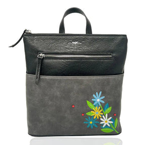 Black and gray backpack with floral embroidery on a white background - okotoks hc pharmacy