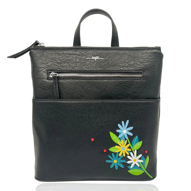 Black backpack with floral designs on a white background - okotoks hc pharmacy