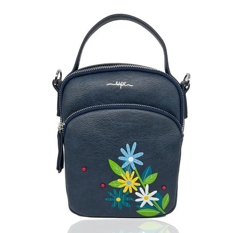 Navy blue handbag with floral embroidery on a white background - okotoks hc pharmacy