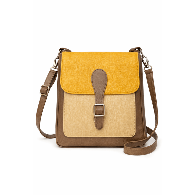 Two-tone crossbody bag with yellow top half and beige bottom half on a white background - okotoks hc pharmacy
