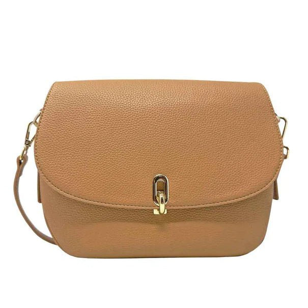 Tan handbag with a gold clasp on a white background - okotoks hc pharmacy