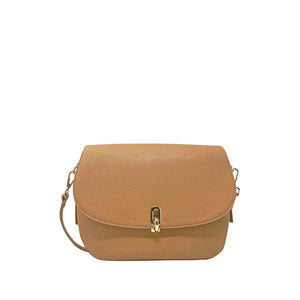 Tan handbag with a gold clasp on a white background - okotoks hc pharmacy