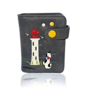 Gray pouch with a lighthouse and dog illustration on a white background - okotoks hc pharmacy