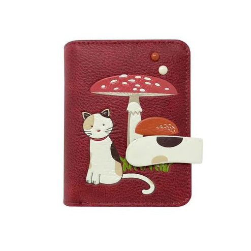 Red cardholder with a cat and mushroom design on a white background - okotoks hc pharmacy