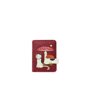 Red cardholder with a cat and mushroom design on a white background - okotoks hc pharmacy