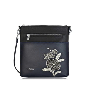 navy blue crossbody bag with floral design on a white background - okotoks hc pharmacy
