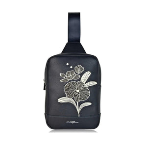 Navy blue crossbody bag with floral design on a white background - okotoks hc pharmacy