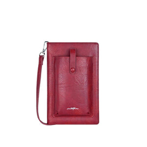 Red wallet with a strap on a white background - okotoks hc pharmacy