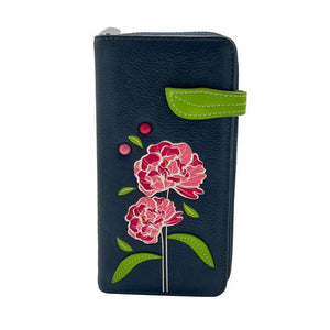 Navy blue wallet with pink floral design on a white background - okotoks hc pharmacy
