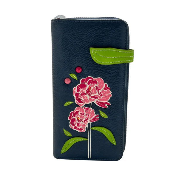 Navy blue wallet with pink floral design on a white background - okotoks hc pharmacy