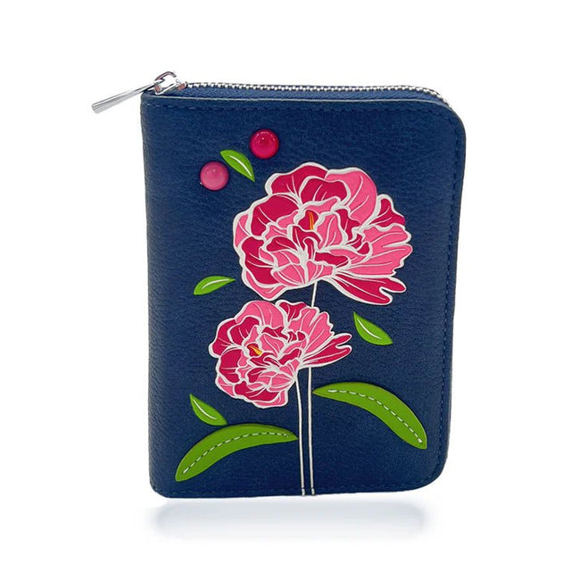 Navy blue pouch with pink floral design on a white background - okotoks hc pharmacy