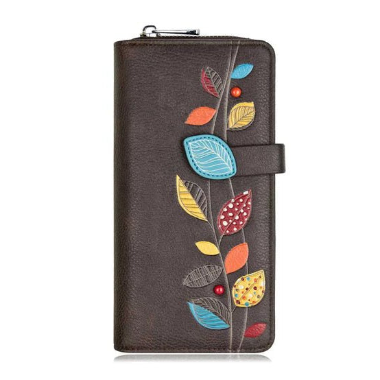 Brown wallet with colorful leaf designs on a white background - okotoks hc pharmacy