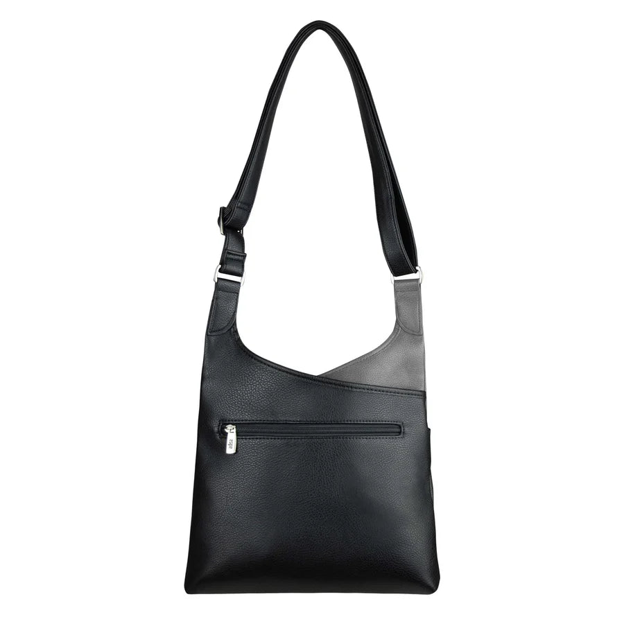 Black shoulder bag with a visible zipper on a white background - okotoks hc pharmacy