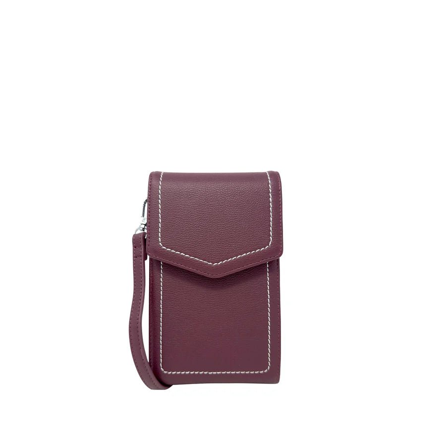 Purple crossbody bag with white stitching on a white background - okotoks hc pharmacy