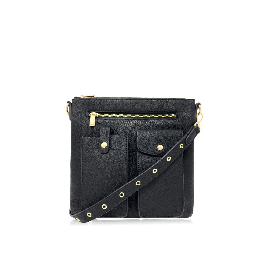 Black handbag with gold accents on a white background - okotoks hc pharmacy