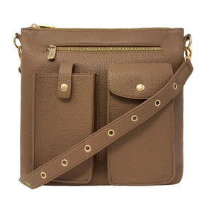Brown crossbody bag with gold accents on a white background - okotoks hc pharmacy