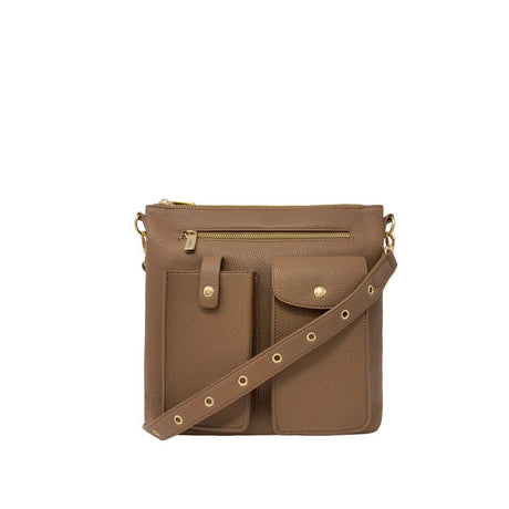 Brown crossbody bag with gold accents on a white background - okotoks hc pharmacy