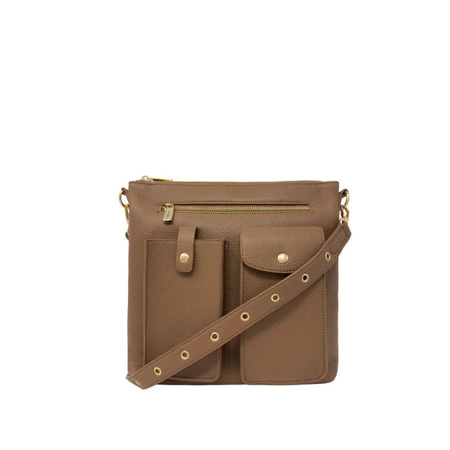 Brown crossbody bag with gold accents on a white background - okotoks hc pharmacy