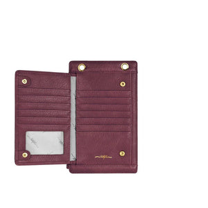 Open maroon wallet with gold accents on a white background - okotoks hc pharmacy