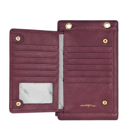 Open maroon wallet with gold accents on a white background - okotoks hc pharmacy