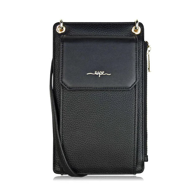 Black phone pouch with gold accents on a white background - okotoks hc pharmacy