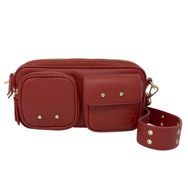 Red crossbody bag with gold accents on a white background - okotoks hc pharmacy
