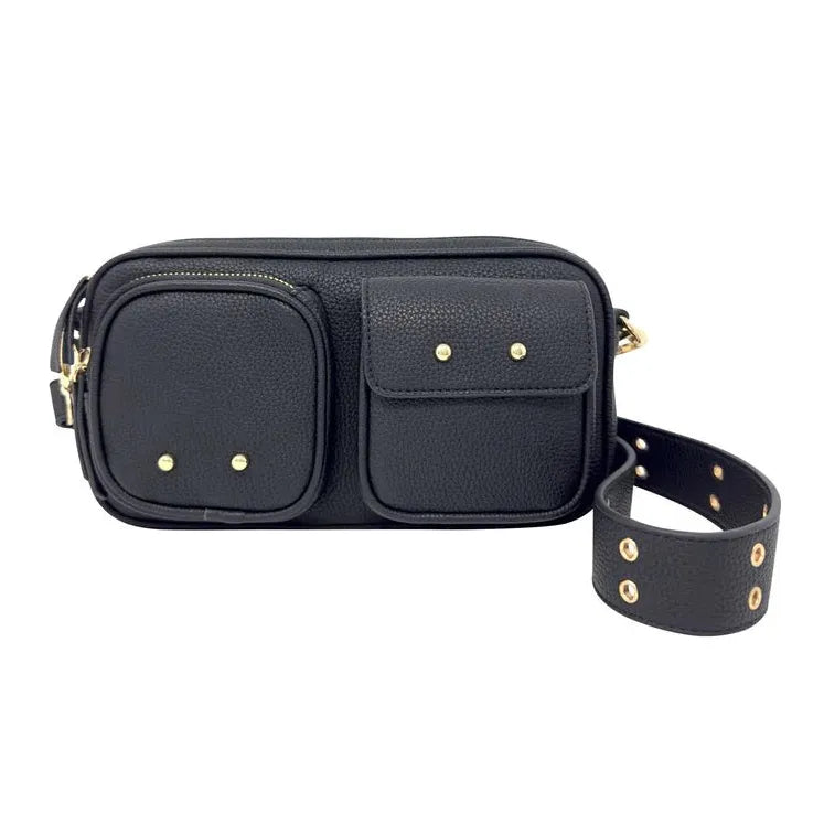 Black crossbody bag with gold accents on a white background - okotoks hc pharmacy