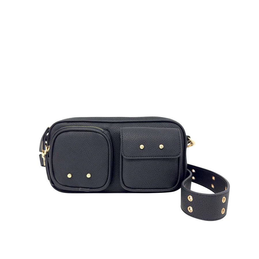 Black crossbody bag with gold accents on a white background - okotoks hc pharmacy