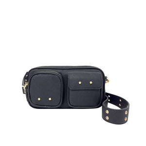 Black crossbody bag with gold accents on a white background - okotoks hc pharmacy