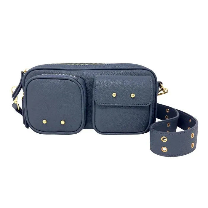Blue crossbody bag with gold accents on a white background - okotoks hc pharmacy