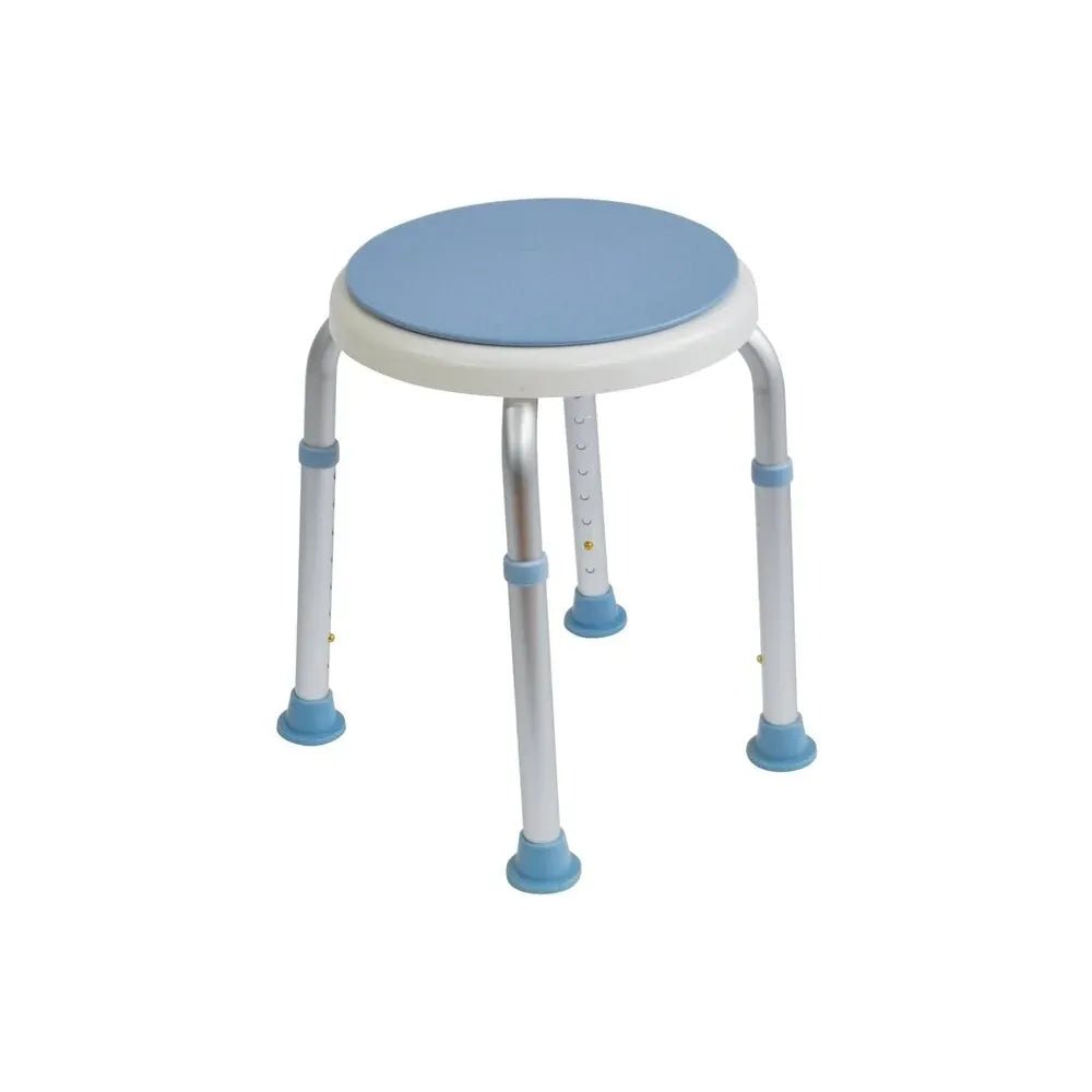 Round stool with blue seat and foot pads on a white background - okotoks hc pharmacy
