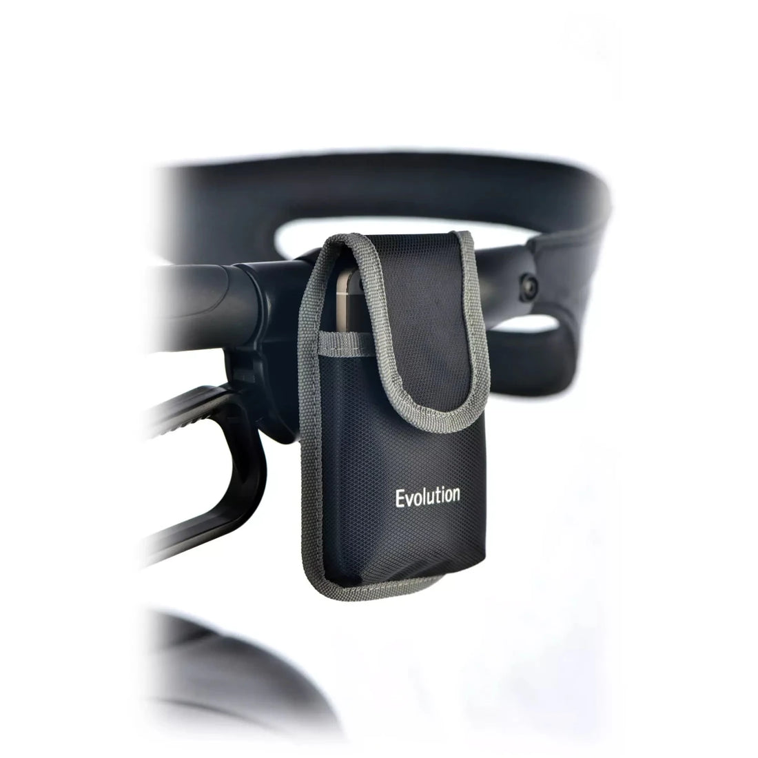 Black 'Evolution' pouch attached to a black headset on a white background - okotoks hc pharmacy