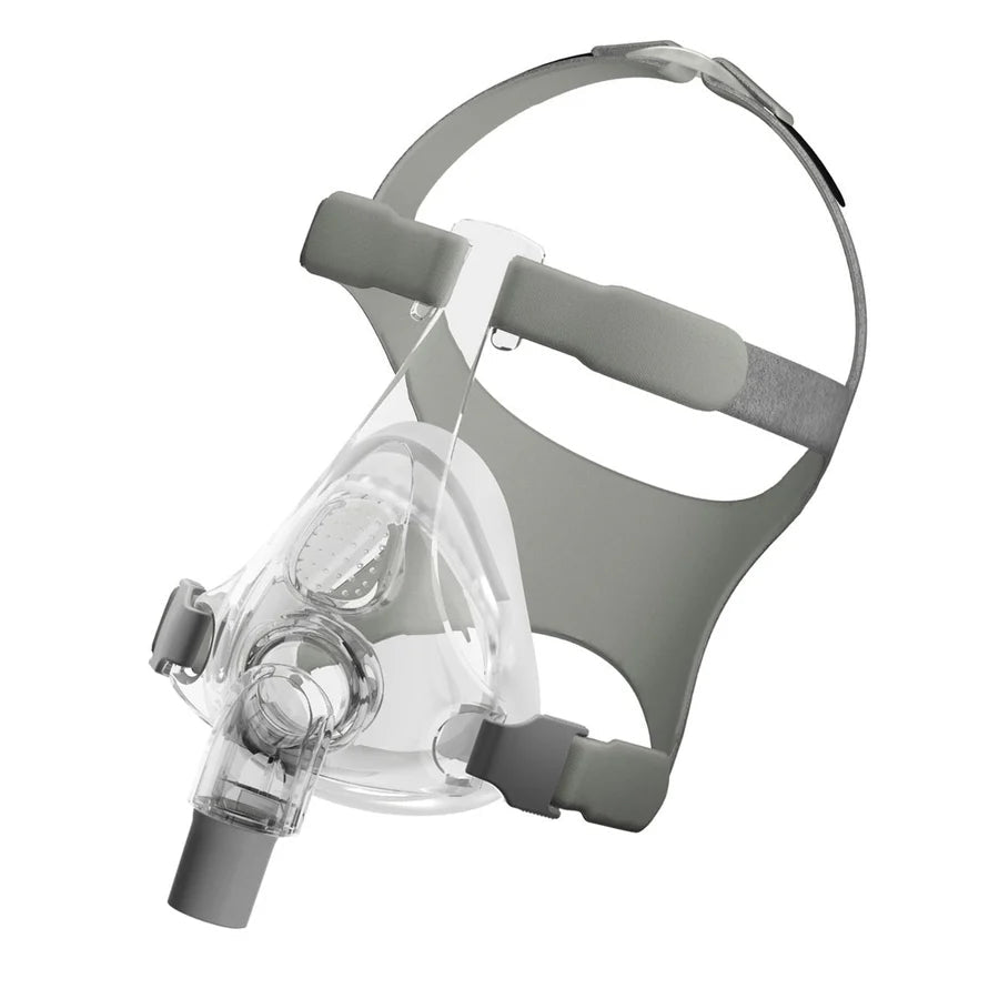 CPAP mask with clear facepiece and gray headgear on a white background - okotoks hc pharmacy