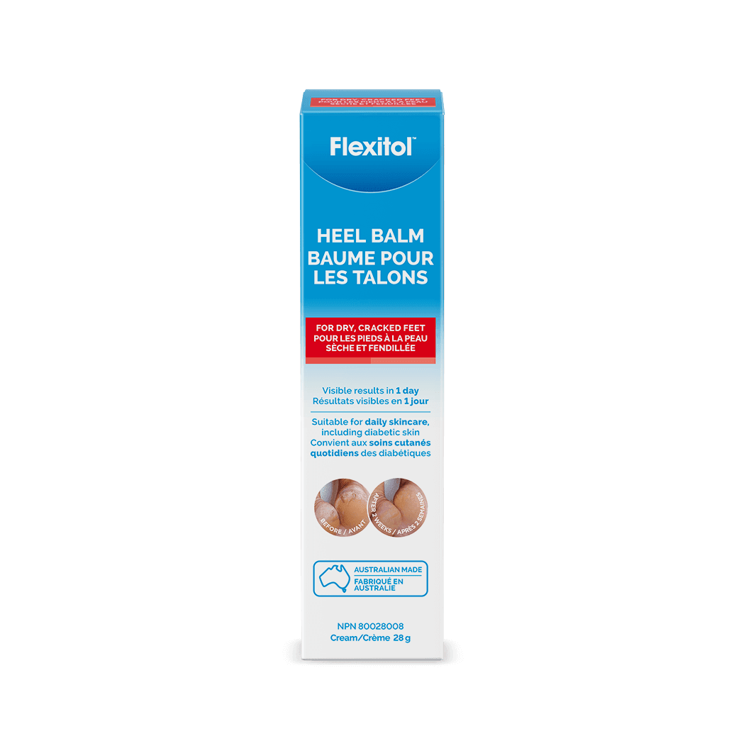 Flexitol Heel Balm packaging on a black background - okotoks hc pharmacy