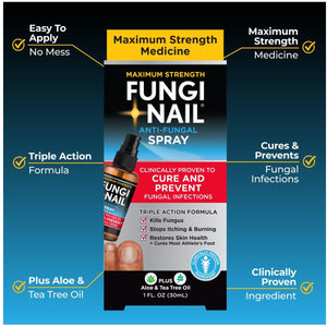 Maximum Strength Fungi Nail Anti-Fungal Spray packaging with key features highlighted on a blue and black background. - okotoks hc pharmacy