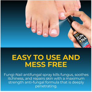 Fungi-Nail antifungal spray being applied to a foot with text highlighting ease of use and mess-free application. - okotoks hc pharmacy