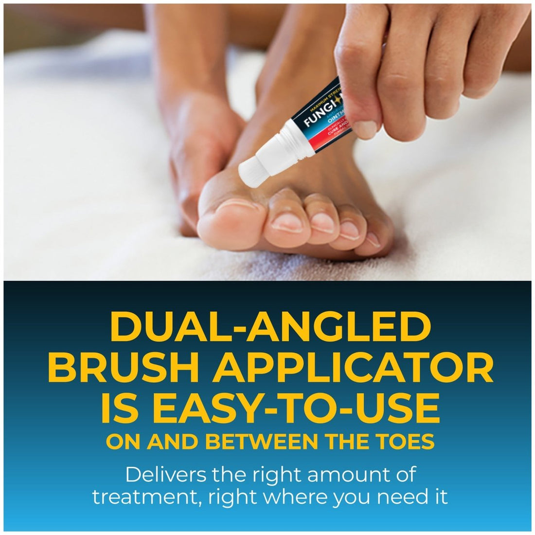 Person applying a foot cream with a dual-angled brush applicator to their toes. - okotoks hc pharmacy