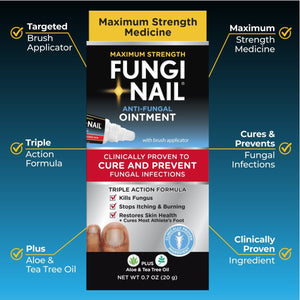 Fungi Nail anti-fungal ointment packaging with features highlighted on a blue background - okotoks hc pharmacy