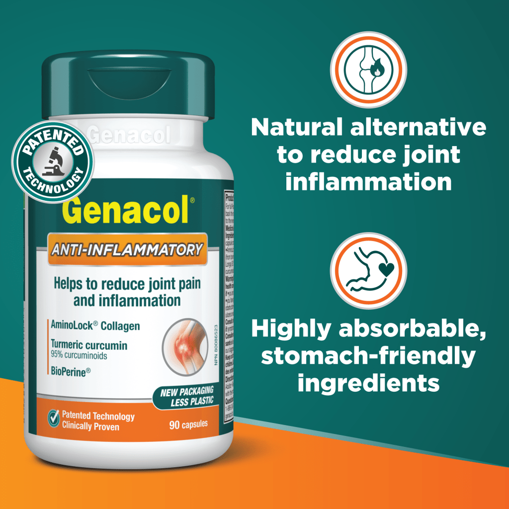 Genacol anti-inflammatory supplement bottle with promotional text on a green and orange background - okotoks hc pharmacy