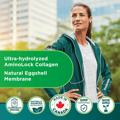 Woman outdoors with promotional text about Ultra-hydrolyzed AminoLock Collagen and certification logos. - okotoks hc pharmacy